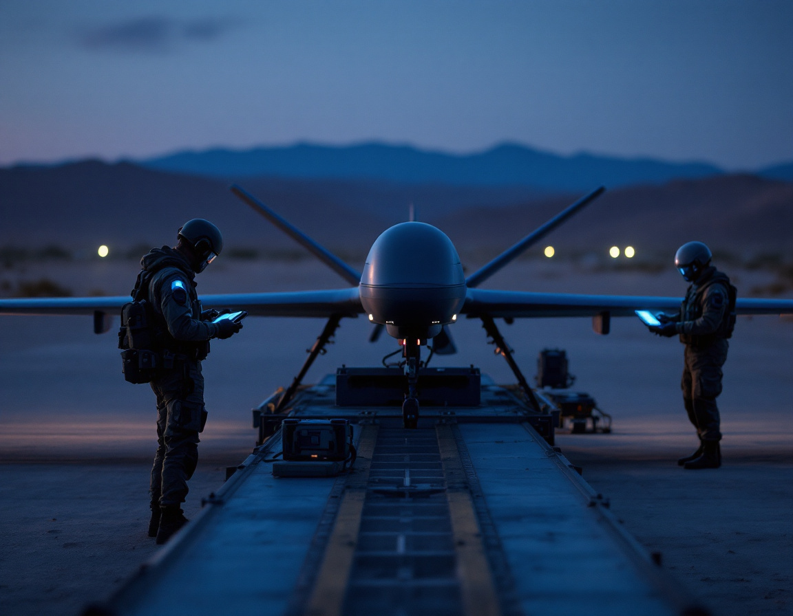 Flight operations crew preparing a fixed-wing UAS on an austere airfield at dusk